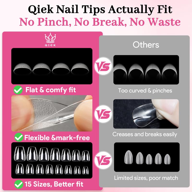 Extra Short Coffin Fake Nail Tips, 15 Sizes 240 PCS Clear Half Matte Press On False Nail Pre-shaped Half Soft Cover Gel Nail Tips Extensions Thick Long Lasting for DIY Beginners & Salon Manicure