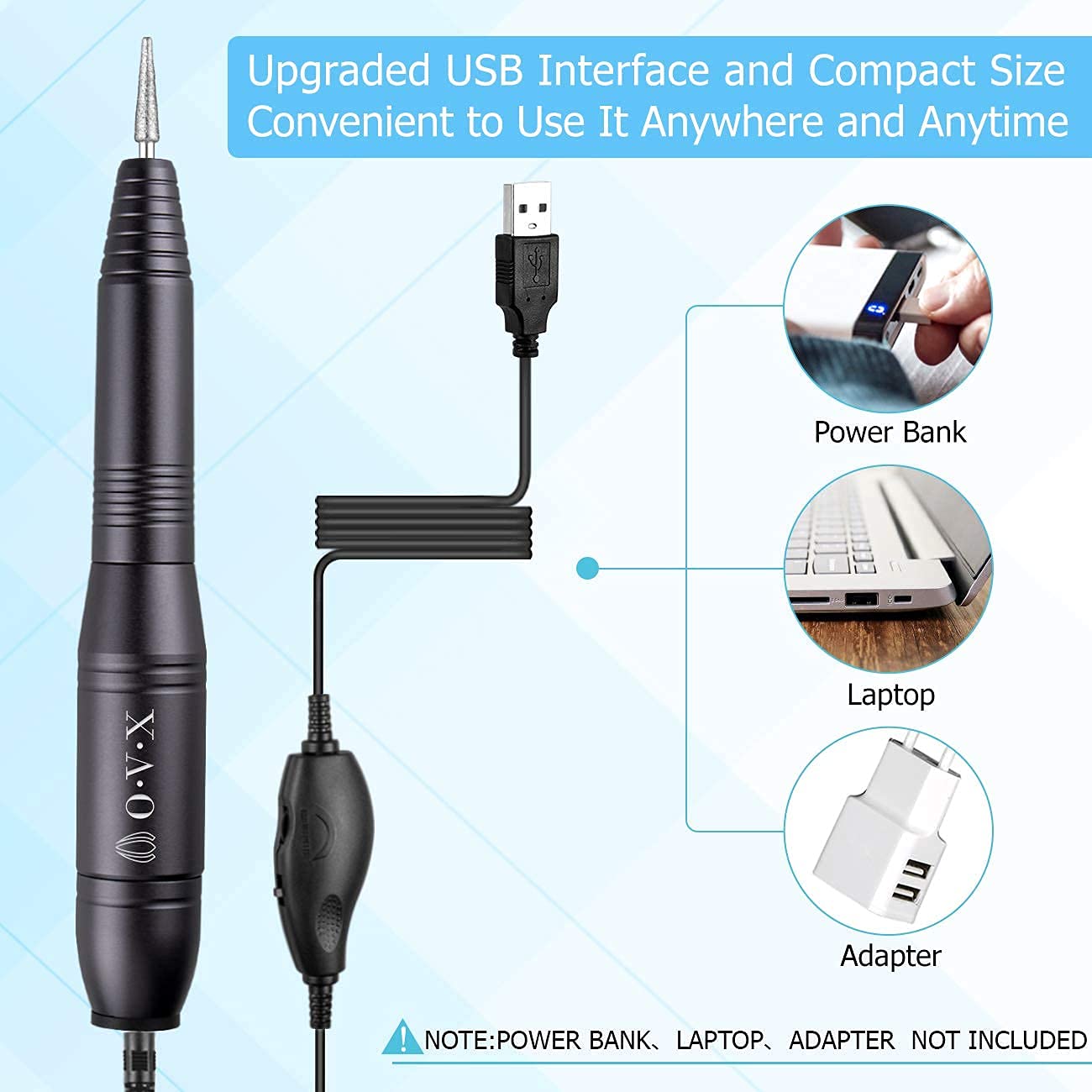 Portable Electric Nail Drill Machine，Compact 20000 RPM USB Manicure Pedicure Efile Nail Drill Kit for Acrylic Nails Gel Polishing Shape Tools with Drill Bits and Sanding Bands-Black