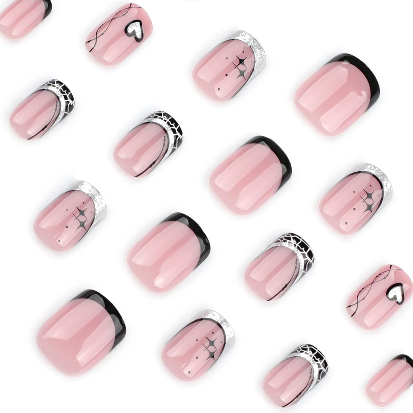 French Press On Nails Short Square, Pink Fake Nails with French Tips and Stellar Heart, Glitter Designs, Glossy Gel Finish Acrylic Short Press On Nails, Thick Reusable Glue On Nails Kit for Women