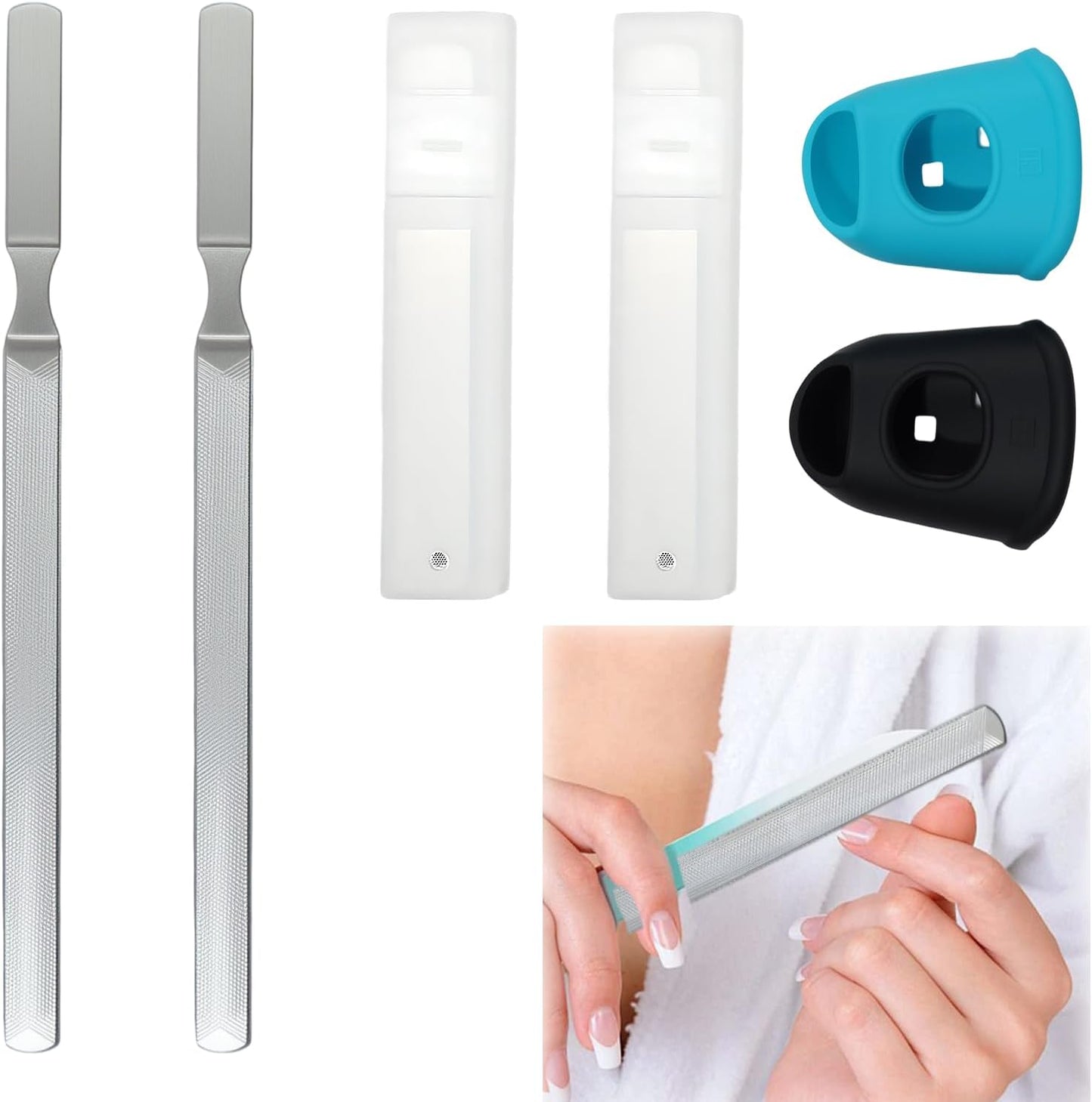 6 Pcs Stainless Steel Toenail File for Thick Nails with 4 Sided Heavy Duty Nail File Surface, Includes 2 Bright Nail Buffers and 2 Thumb Protectors for Tough Toenails Care