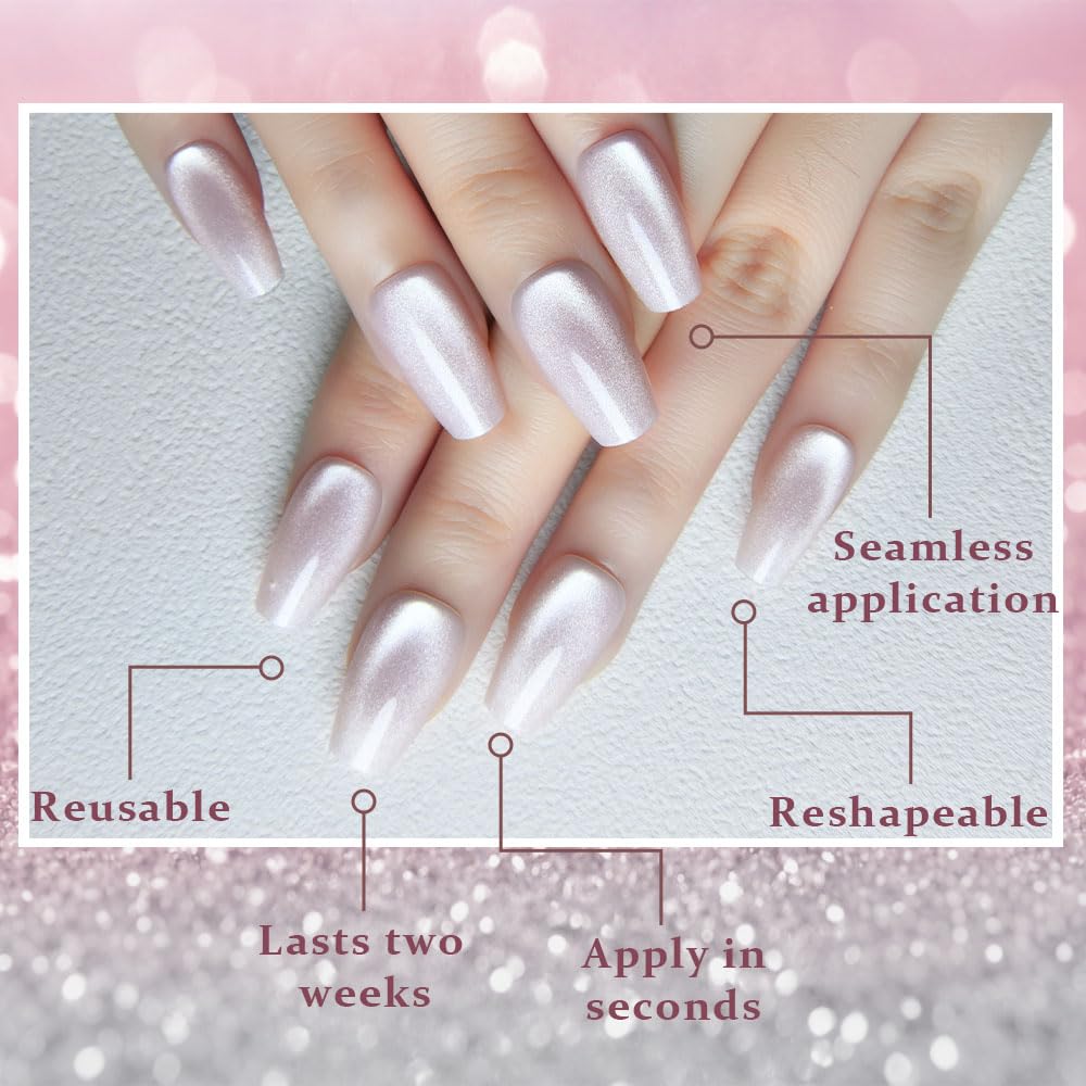evpct Pearl White Nude Cat Eye Coffin Press on Nails Square Medium, Glue on Nail Medium Square for Women Gift, Pearl Metallic Glitter Glossy Reusable Soft Gel Press on Acrylic Fake Nail with Designs
