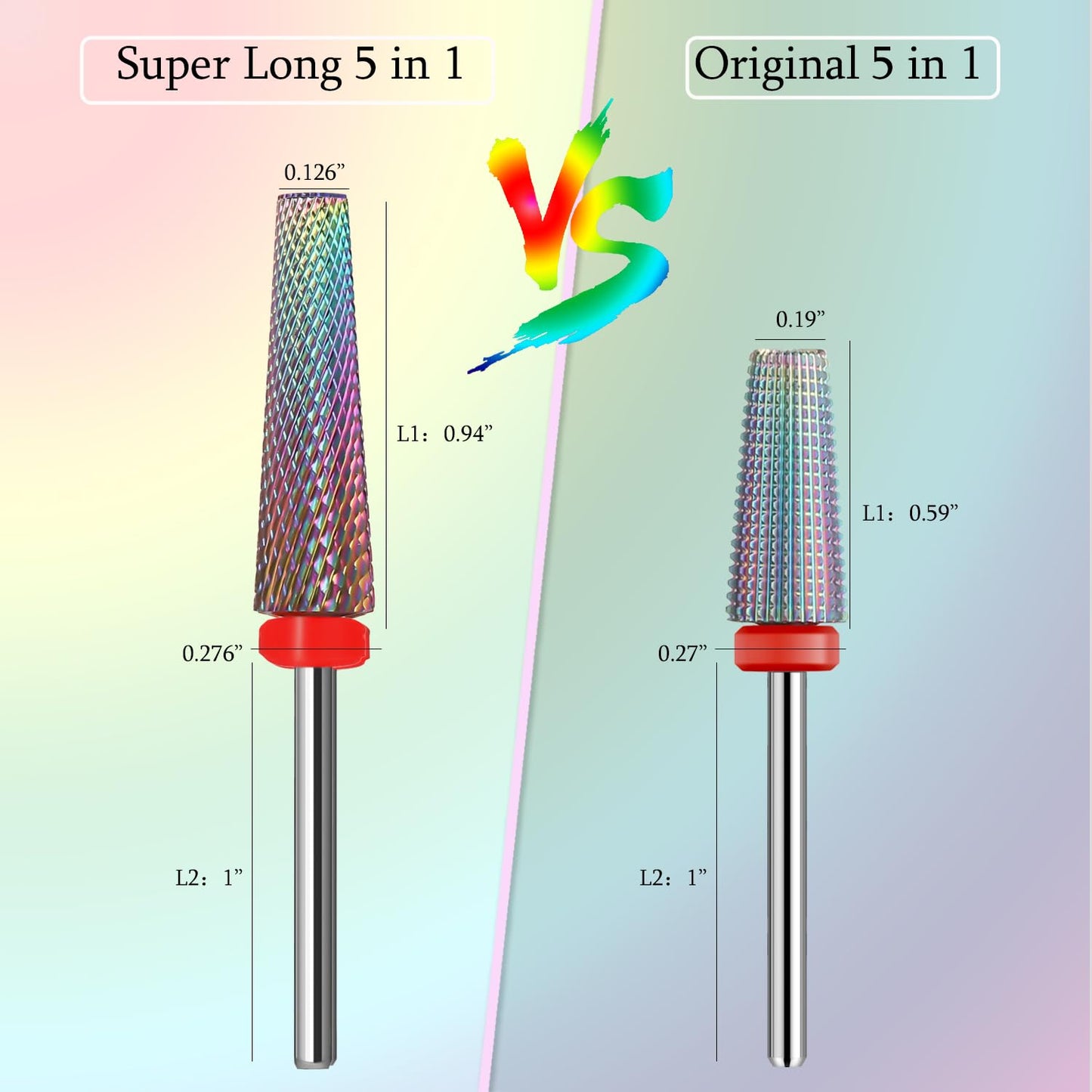 Super Long 5 in 1 Nail Drill Bits, Professional 3/32'' Carbide Tungsten Two Way Rotary Advanced Safety Bits, Fast Remove for Manicure Pedicure Cuticle Acrylic Nails(Rainbow, Fine-F)