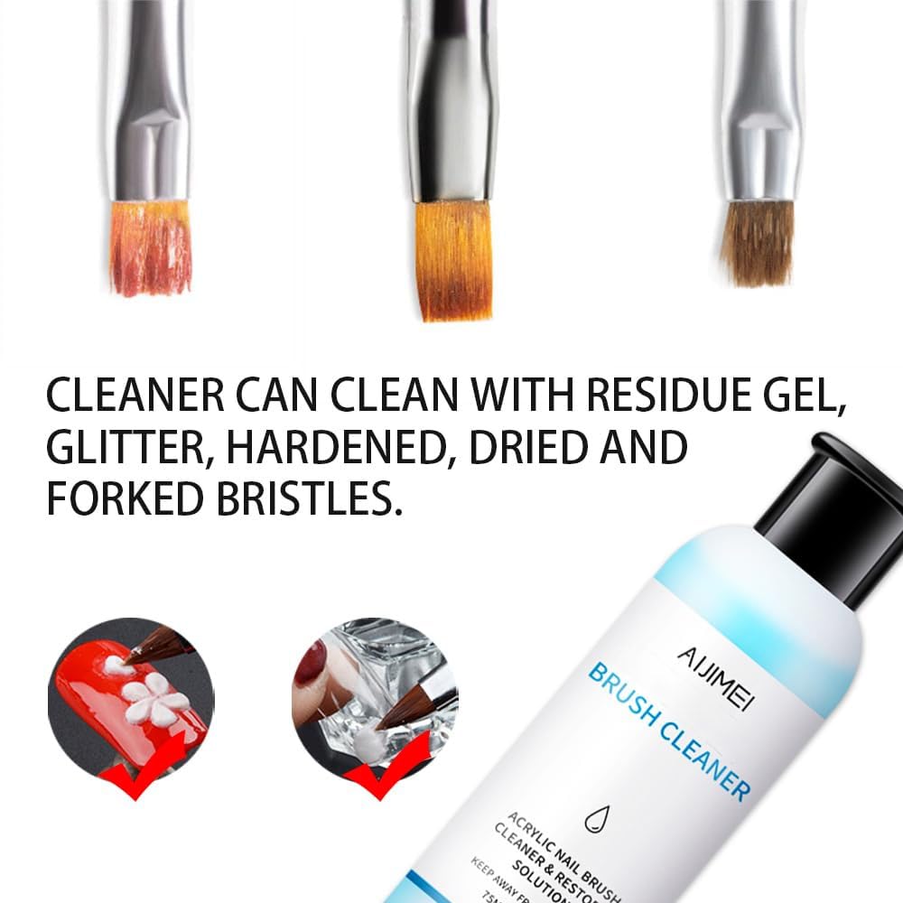 AIJIMEI Nail Brush Cleaner - 4oz Gel Solution for Preserving & Restoring Nail Art Brushes - Includes Glass Cup & Cleaning Cotton Pads - Effective Manicure Brush Cleaning Set (120ml)
