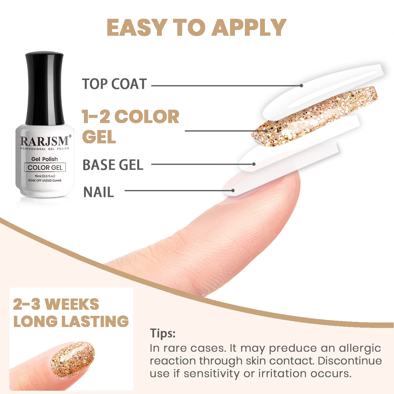 RARJSM Champagne Gold Glitter Gel Nail Polish Sparkly Iridescent Rainbow Shimmer Holographic Gelpolish Soak off L e d U V Curing Required High Pigments Gel for Home Salon Manicure Nail Art 15ml