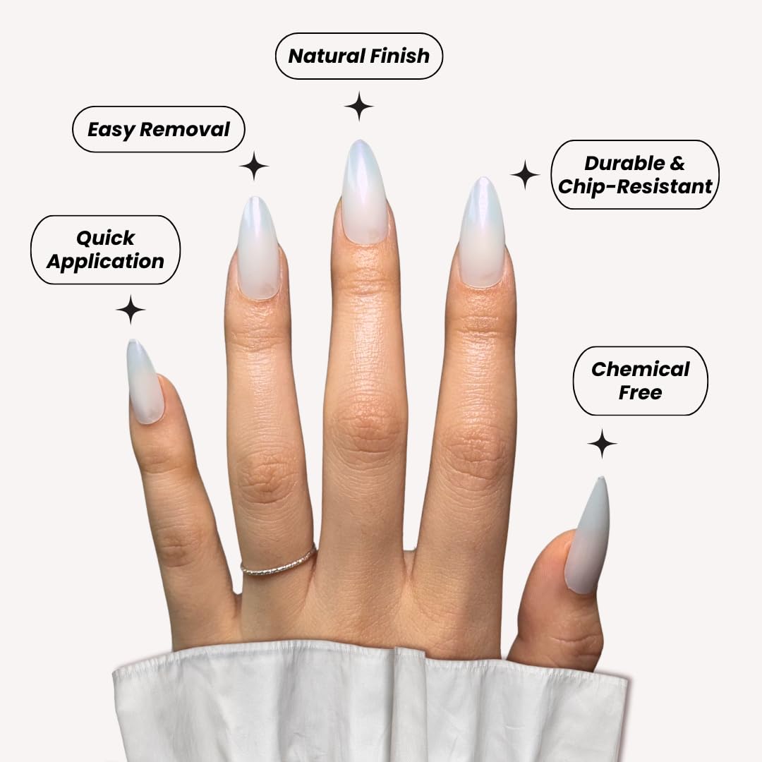 Perfect Look Press On Nails - Glazed Pearl | No Glue One-Day Medium Almond Fake Nails, Sheer White Nails with Gloss Finish - 24 Pcs Nail Kit with Adhesive Tabs