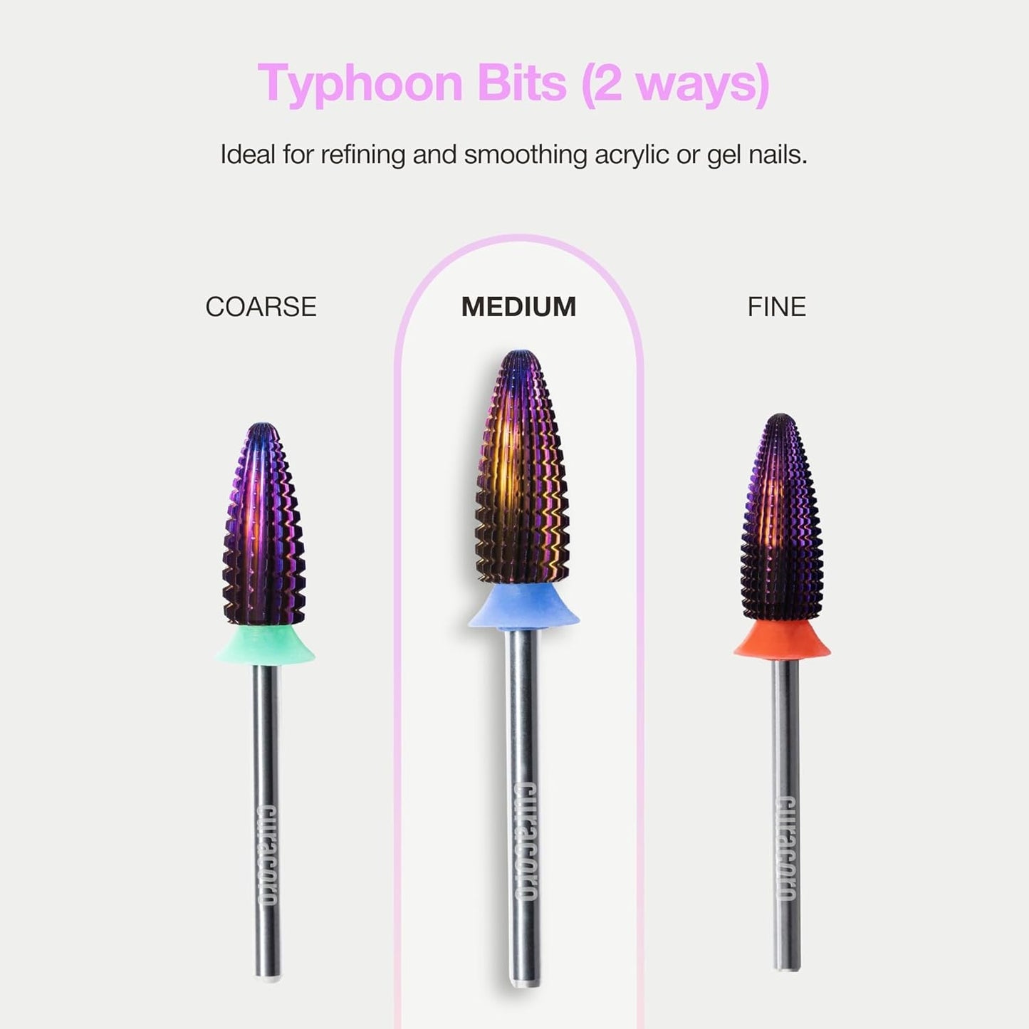 Curacoro Nail Drill Bits 3/32'' - Typhoon Bits, 2 Way, Carbide Bit (Medium) for Professional Finish, Fast Remove, Refine & Smooth Acrylic or Gel Nails, Precise & Easy Control, Nail Art Salon & Home