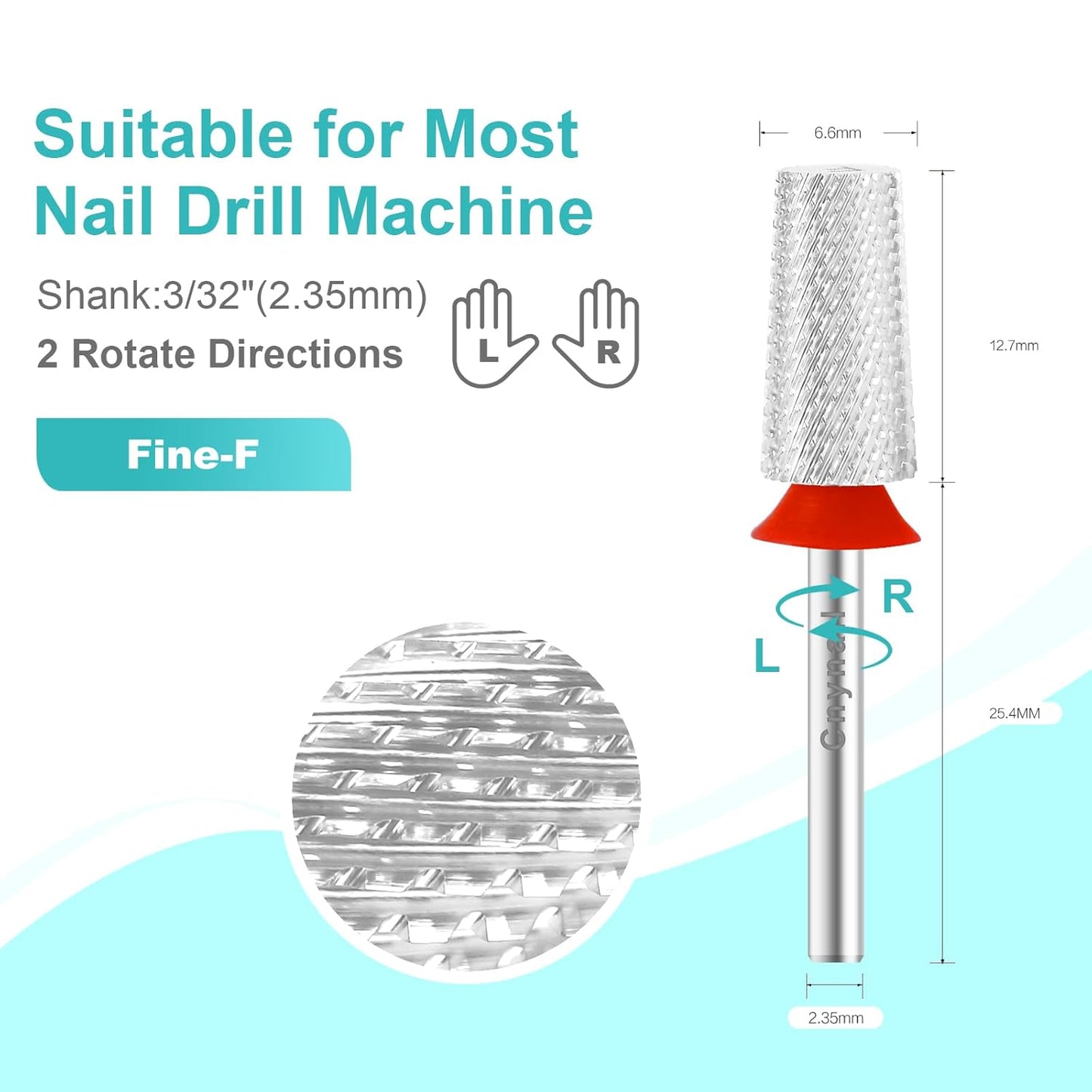 3/32" Large Tapered Barrel Flat Bit Tungsten Carbide Nail Drill Bit Safety Bit for Gel & Acrylic Removal, 2- Way Rotating Efile Tip, Salon Electric File Accessory (F Girt, Silver)
