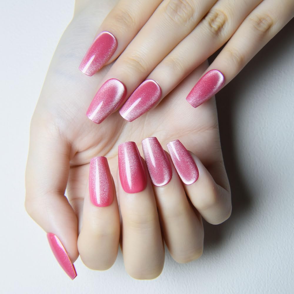 evpct Rose Pink Cat Eye Coffin Press on Nails Square Medium, Medium Square Glue on Nail for Women, Rose Pink Metallic Glitter Glossy Reusable Summer Soft Gel Press on Acrylic Fake Nail with Designs