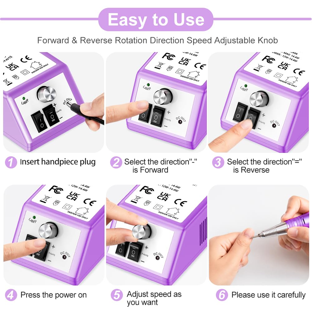 30000 RPM Professional Nail Drill Machine Efile Electric Nail Filer Kit for Finger Toe Nails, Acrylic Gel Dip Nails, Manicure Pedicure Drill with 6Pcs Bits and 106Pcs Sanding Bands, Purple