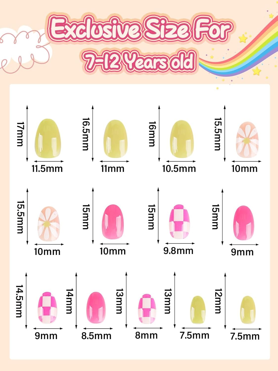EBANKU 26 Pcs Kids Press on Nail Short, Floret Grid Fake Nails for Girls 5-12 Years False Nails Kit with Nail Glue, Full Cover Stick on Nails Tip for Child