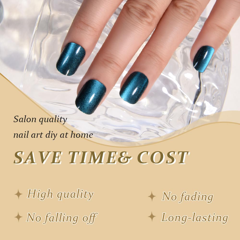 Peacock Blue Cat Eye Short Press on Nails Square, Blue Short Square Glue on Nails for Women Gift, Metallic Glitter Glossy Reusable Spring Summer Stick Gel Press on Acrylic Fake Nail with Designs 03