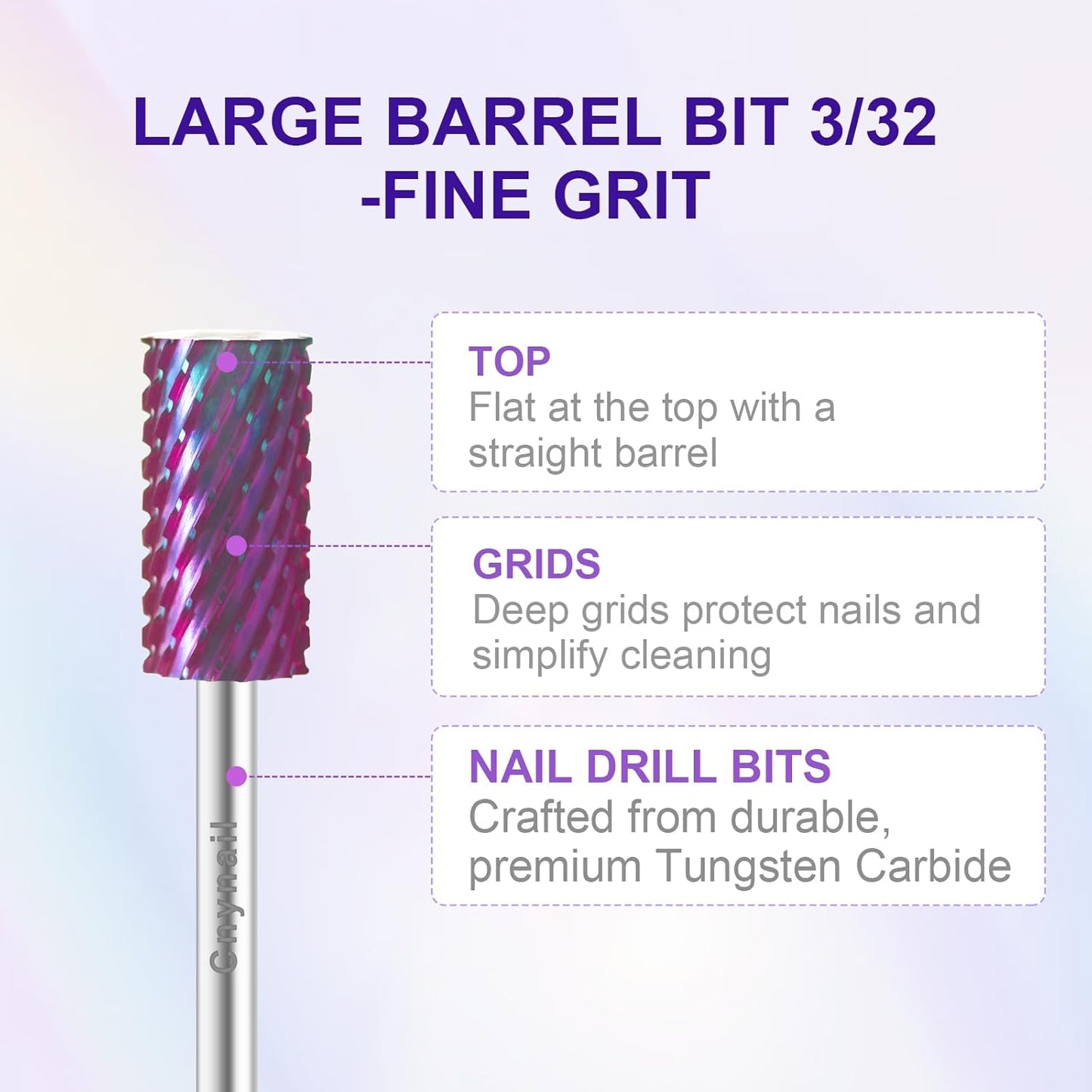 3/32" Large Barrel Bit Tungsten Carbide Nail Drill Bit Safety Bit for Gel & Acrylic Removal, 2- Way Rotating Efile Tip, Salon Electric File Accessory (XXC Girt, Purple)