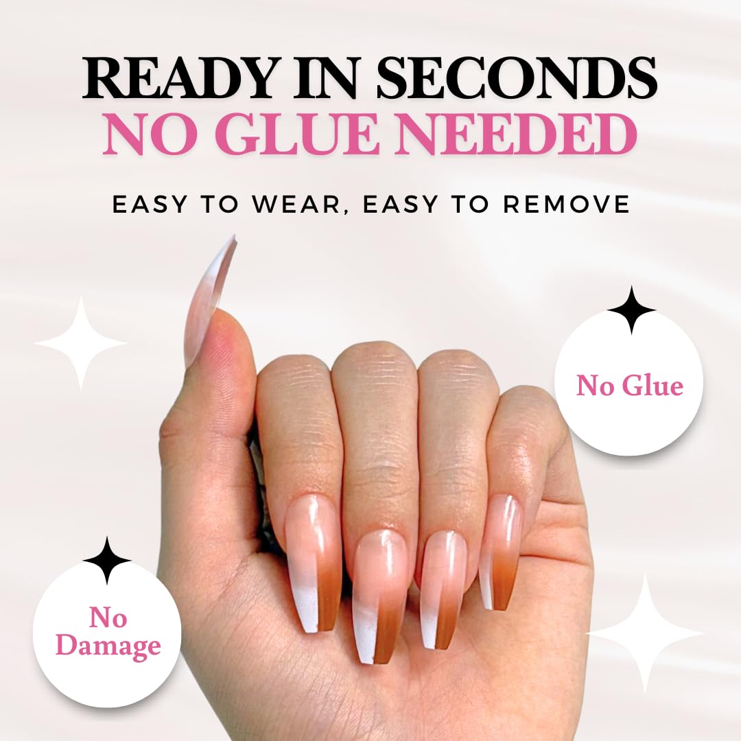 Perfect Look Press On Nails - Chic Glaze | No Glue One-Day Long Coffin Nails, Glossy Pink Swirl French Fake Nails - 24 Pcs Nail Kit with Adhesive Tabs