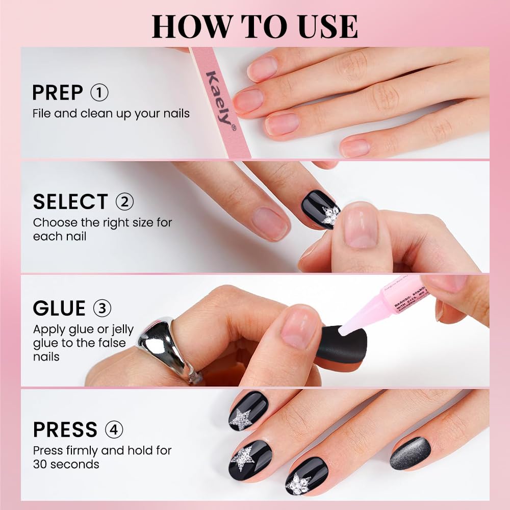 evpct Black Goth Cat Eye Short Press on Nails Oval, Short Oval Glue on Nail for Women Gift, Gothic Silver Star Metallic Glitter Glossy Reusable Spring Summer Gel Press on Acrylic Fake Nail with Design