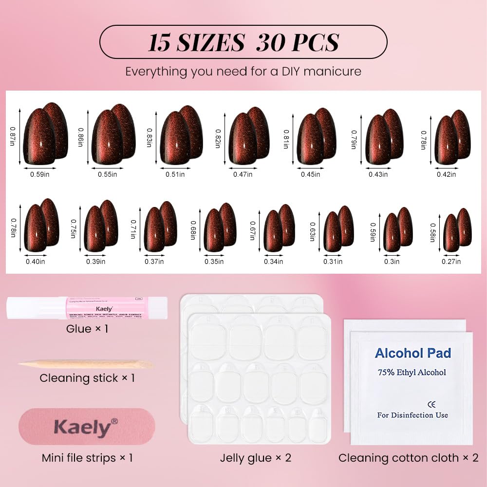 evpct Dark Red Press on Nails Almond Short, Reddish Brown Cat Eye Glitter Press on Nails for Women Gift, Soft Gel Press Glue On Nail with Nail Glue, Full Cover, 30Pcs Reusable Acrylic Fake Nails Kit
