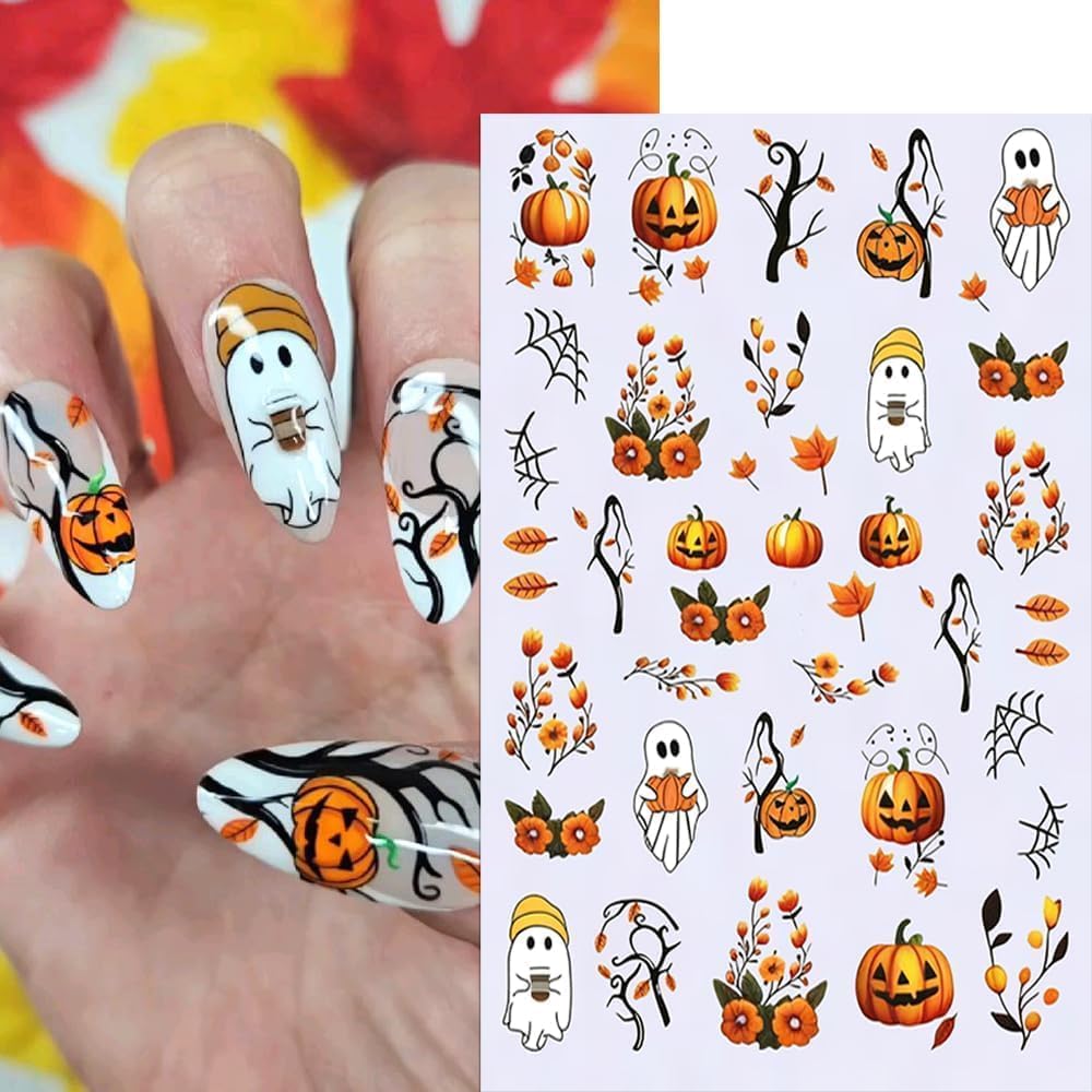 Halloween Nail Stickers Ghost Spider Web Nail Art Stickers Bat Cat Skull Flower Nail Decals Self-Adhesive Spooky Gothic Design Sticker Holiday Nail Art Decoration for Women Manicure Accessories 5Pcs
