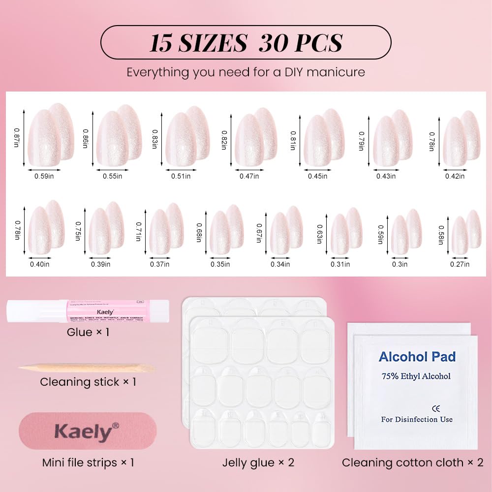 Cat Eye Press on Nails Almond Short, Cat Eye Stick on Nails Press on, Pearl White Nude Pink Glitter Short Almond Press Glue on Nail, Fake Nails Press ons with glue 60Pcs Reusable Acrylic Fake Nail Kit