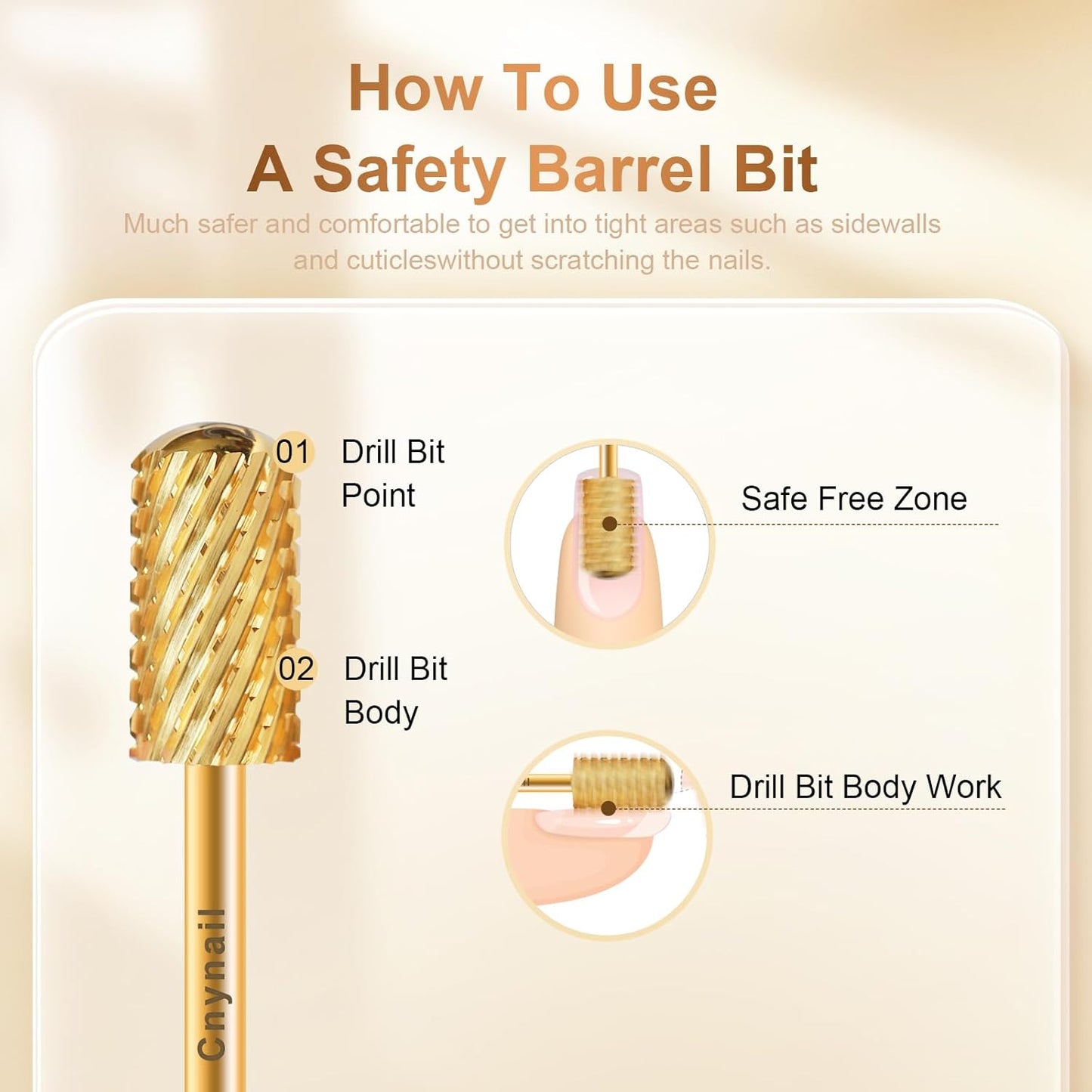 3/32" Large Barrel Smooth Round Top Tungsten Carbide Nail Drill Bit Safety Bit for Gel & Acrylic Removal, 2-Way Rotating Efile Tip, Salon Electric File Accessory (2XC Grit, Gold)