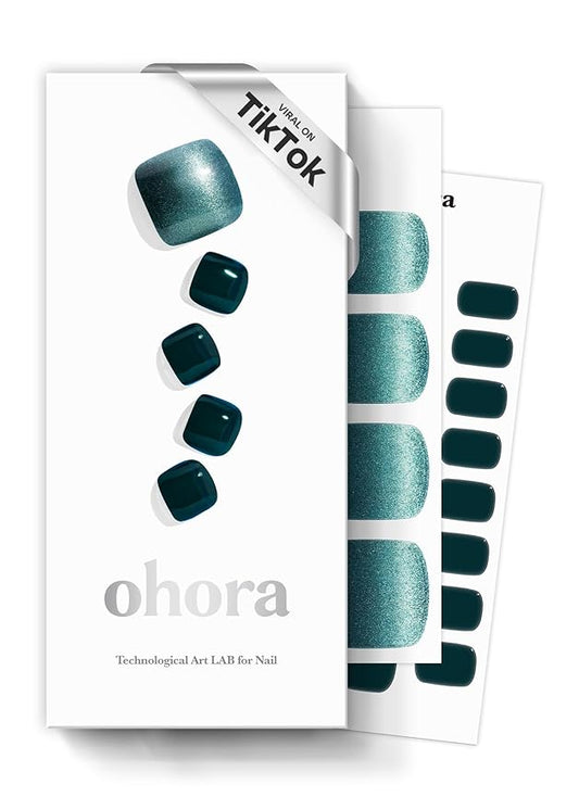 ohora Semi Cured Gel Pedi Strips (P Cressida) - Green, Glitter, Works with Any UV/LED Lamps, Salon-Quality, Long Lasting, Easy to Apply & Remove - Includes 2 Prep Pads, File & Wooden Stick