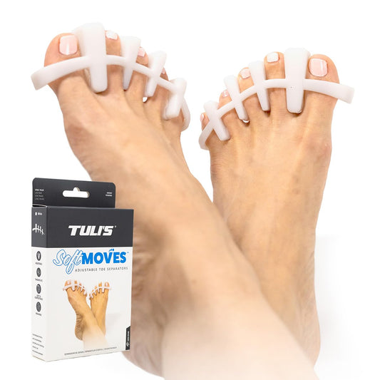 Tuli's Soft Moves Adjustable Toe Separators, Silicone Toe Spacers for Alignment, Bunions, Hammertoes, Plantar Fasciitis, Yoga, Morton’s Neuroma, and Foot Health, One Size Fits All, White
