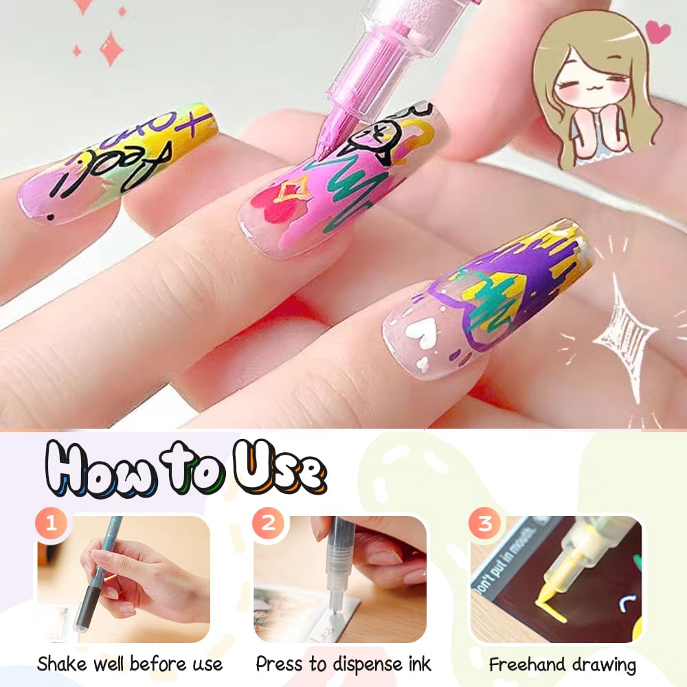 24 Colors Nail Art Pens for Painting Nails, 0.7mm Acrylic Paint Makers DIY Nail Art Markers for Kids and Adults, Quick-drying Nail Polish Pens Doodle Pens for Drawing Point Liner