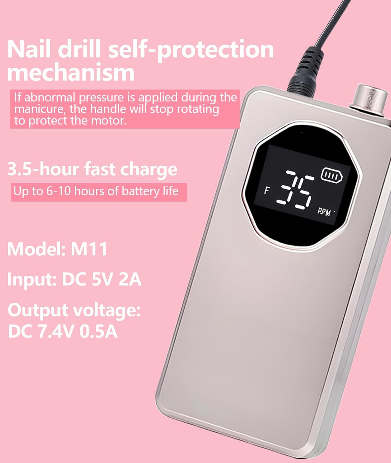 Professional Portable Nail Drill Machine, 35000 RPM Electric Nail File with LCD Display, Reversible Cordless Nail Grinder for Manicure & Pedicure, Type-C Fast Charging