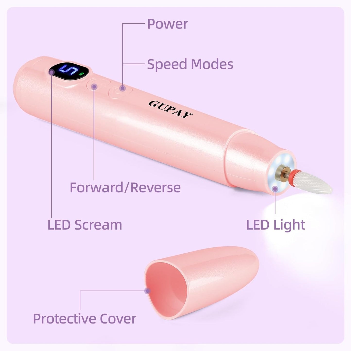 Electric Nail Files Cordless Rechargeable Nail Drill Machine for Natural Acrylic Gel Nails Professional Portable Efile Manicure Pedicure Kit for Girl Women Mum Home Use Beginners (Pink)
