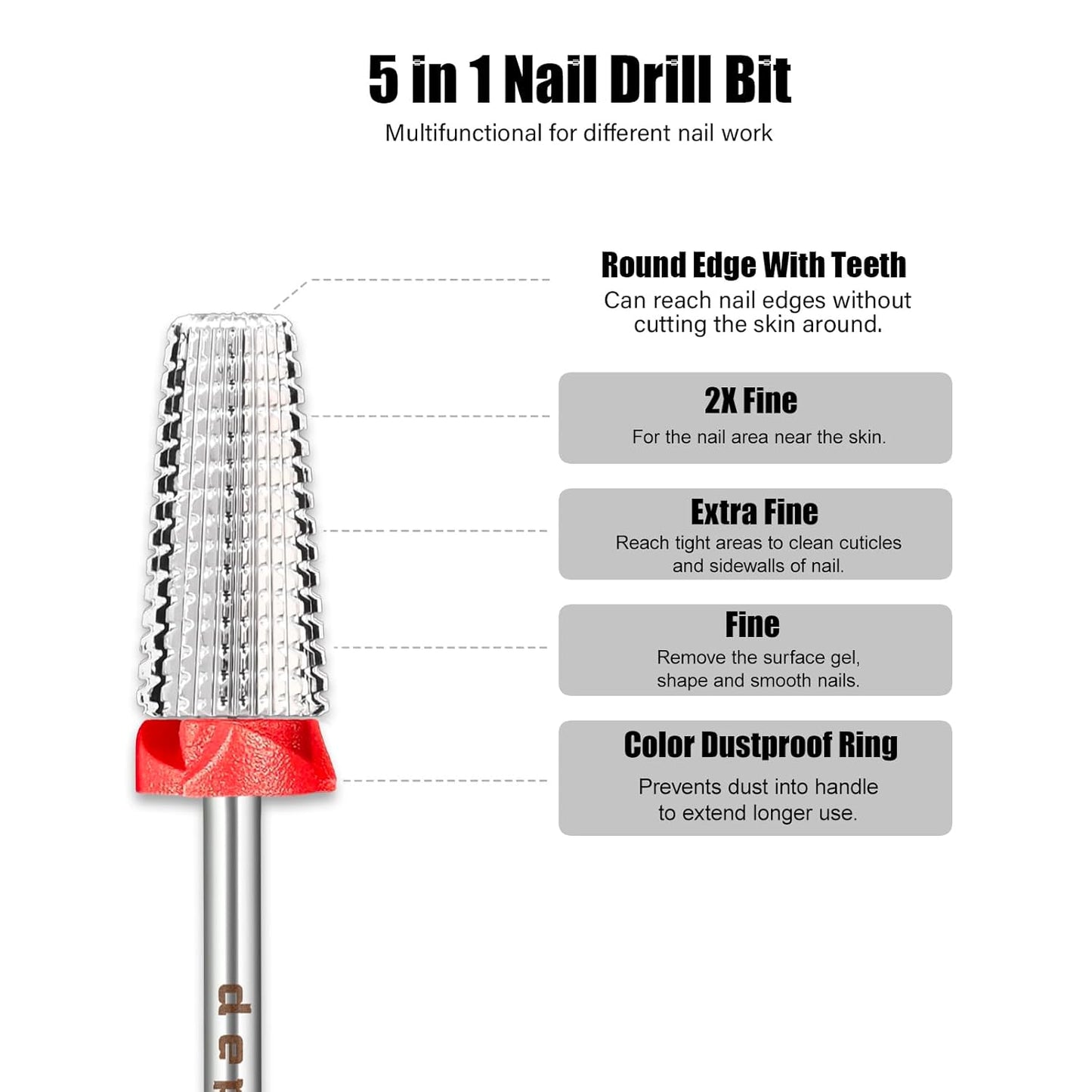 Depvko Super Long 5 in 1 Nail Drill Bits, 3/32'' Carbide Tungsten Bits, Two Way Rotate Professional Advanced Safety Bits for Nail, Fast Remove for Manicure Pedicure (Classic 5in1-Silver, Fine-F)