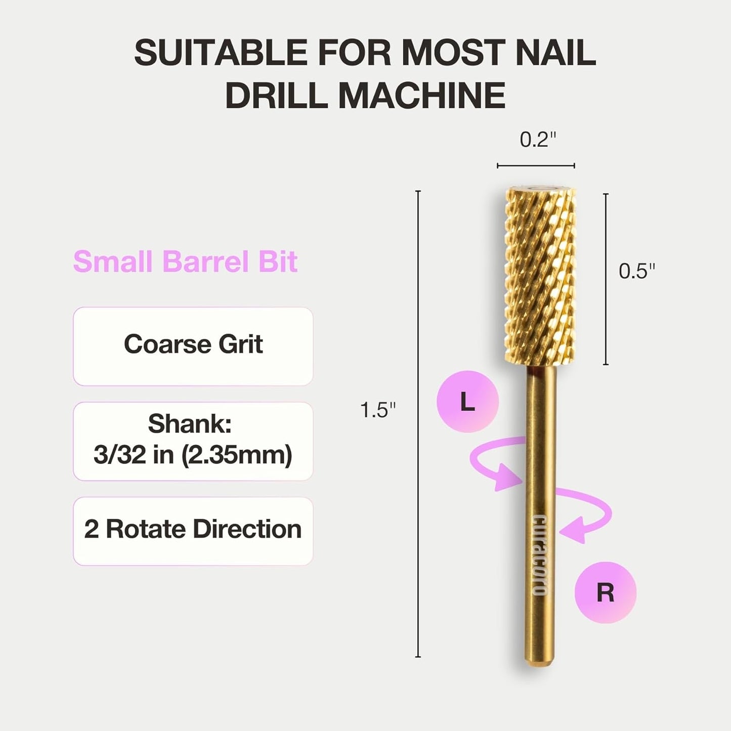Curacoro Nail Drill Bits 3/32'' - Small Barrel Carbide Bit (Coarse) for Professional Finish, Precisely Remove, Shape & Smooth Acrylic or Gel Nails, Nail Art Pedicure Manicure Salon & Home