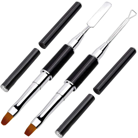 Kalolary Poly gel Dual Brushes for Nails, Acrylic Nail Brush with Spatula & Cuticle Pusher Tools for Poly gel Application Acrylic Powder Nail Extension - 2Pcs