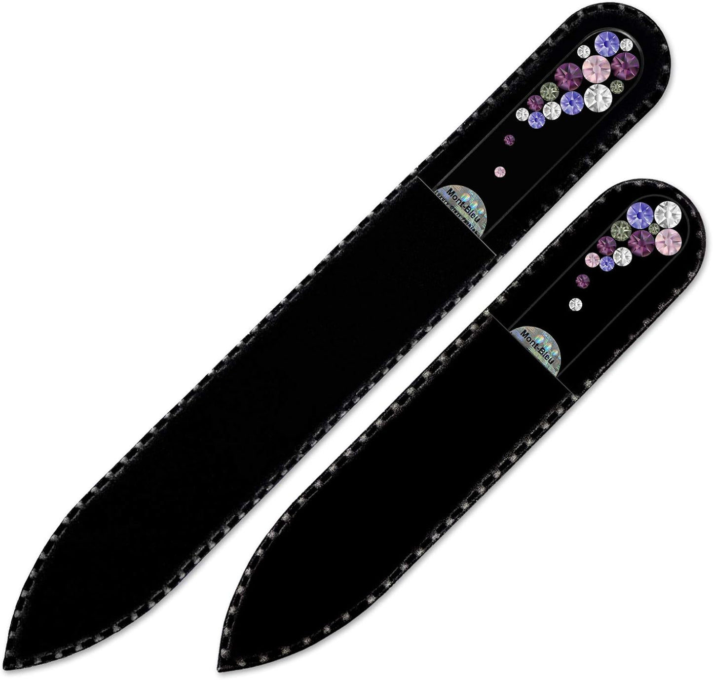 Mont Bleu Premium Set of 2 Crystal Nail Files Hand Decorated with Crystals - in Black Velvet Sleeve - Genuine Czech Tempered Glass - Best Glass Nail Files Kit for Natural Nails