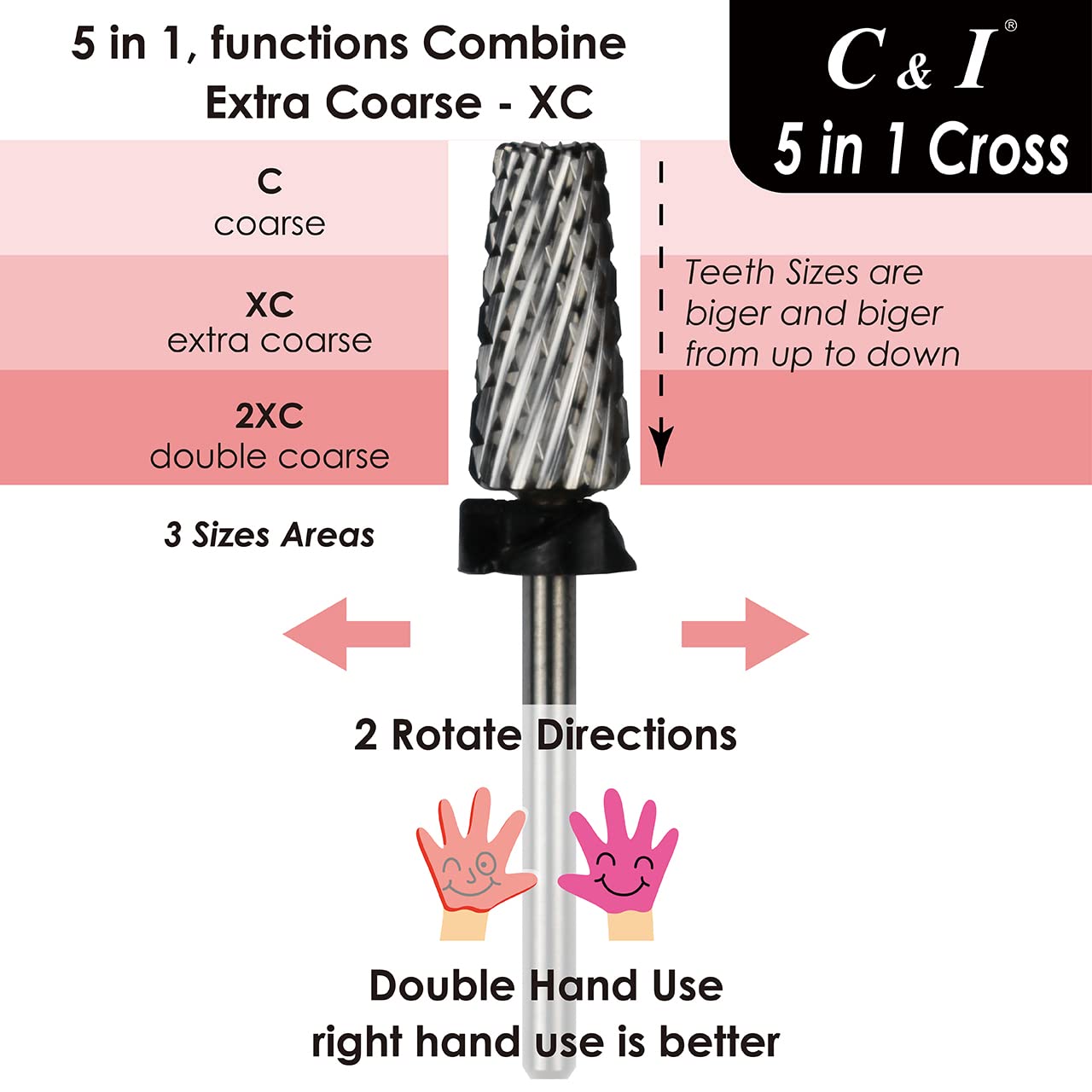 C & I 5 in 1 Multi-function Tapered Shape Nail Drill, Cross Teeth Edition, Professional Drill Bit for Nail Manicure Machine (Extra Coarse - XC)