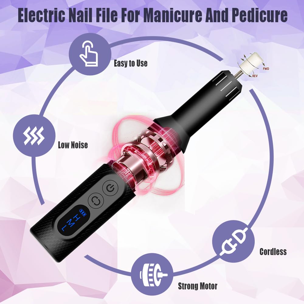 Pinkiou Electric Nail Drill, Cordless Electric Nail File ,Manicure Pedicure Kit for Acrylic,Gel Nails,Rechargeable Nail Drill,Professional Nail Grinder for Home Salon Use