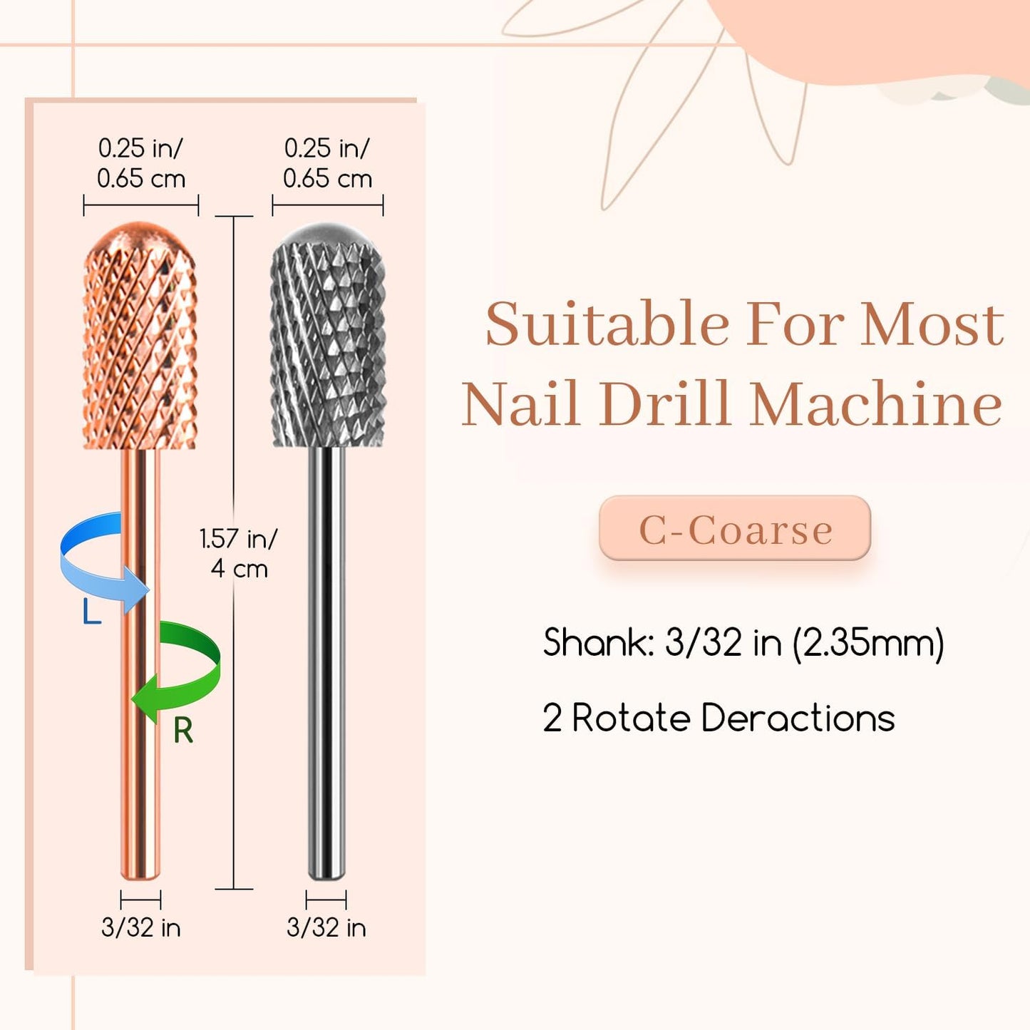 BLESWIN Nail Drill Bit 2PCS, Tungsten Carbide Bits 3/32'' Professional Drill Bits for Acrylic, Hard Gel, Dip Powder Nails, Smooth Top Safety COARSE Nail Bits for Dremel Machine (C)