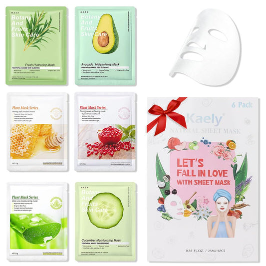 6 PCS Real Hydrating Avocado Honey Pomegranate Aloe Vera Nature Face Masks Skincare, Hyaluronic Acid, Vitamin C and E, Korean Beauty Essence Facial Paper Sheet Mask for Skin Care Moisturizing
