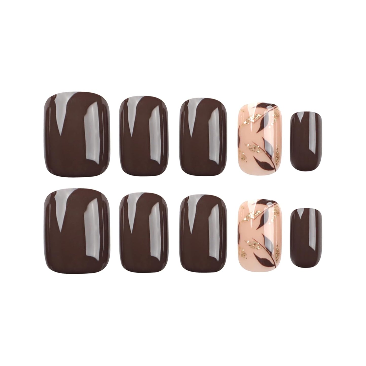Dark Brown Press on Nails Short Square Fake Nails with Golden Leaf Accents Glitter Designs, Glossy Gel Finish Acrylic Short Fake Nails, Thick Natural Glue on Nails Kit for Women, 24Pcs