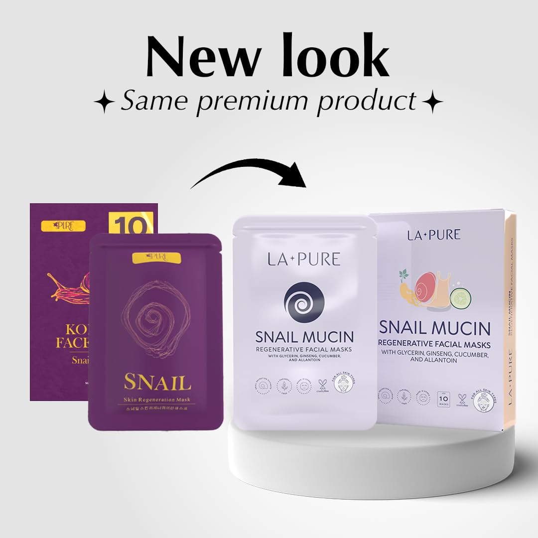 LA PURE Snail Mucin Mask – 10ct Korean Sheet Mask Pack for Signs of Aging, Aid Skin Repair & Hydration – Pure Snail Mask for Face with Collagen & Hyaluronic Acid – Cruelty-Free Hydrating Sheet Mask