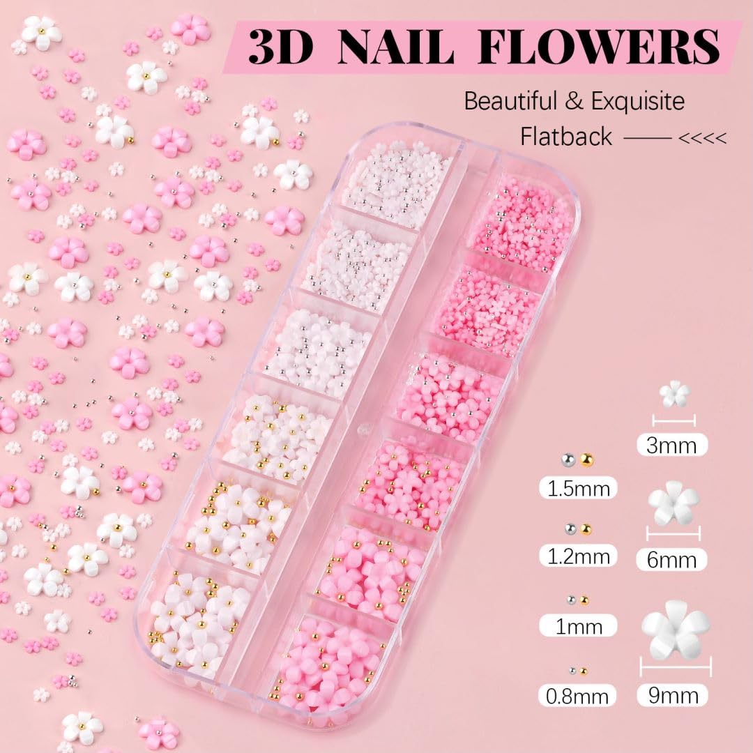 BELLEBOOST 3D Nail Flowers Charms,White Pink Acrylic Flower with Caviar Beads,Rhinestones for Nails 3D Nail Charms for Acrylic Nails for Manicure Salon DIY Nail Art Decor with Pickup & Dotting Tools