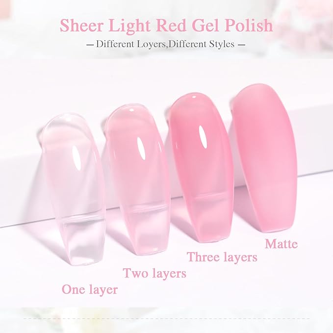 Sheer Light Red Gel Nail Polish, 15ML Jelly Red Translucent Color UV/LED Soak Off Gel Polish for DIY Nail Art Manicure and Pedicure at Home or Salon, 0.51 fl oz 1Pcs
