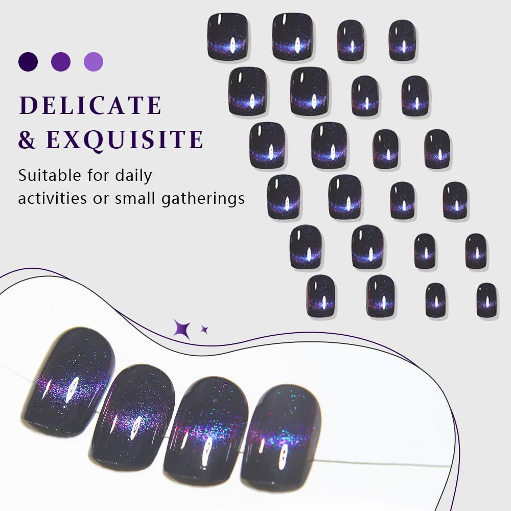 evpct Dark Blue Cat Eye Extra Short Press on Nails Square, Petite Short Square Glue on Nails for Women Gift, Smile Purple Metallic Glitter Glossy Reusable Gel Press on Acrylic Fake Nail with Designs