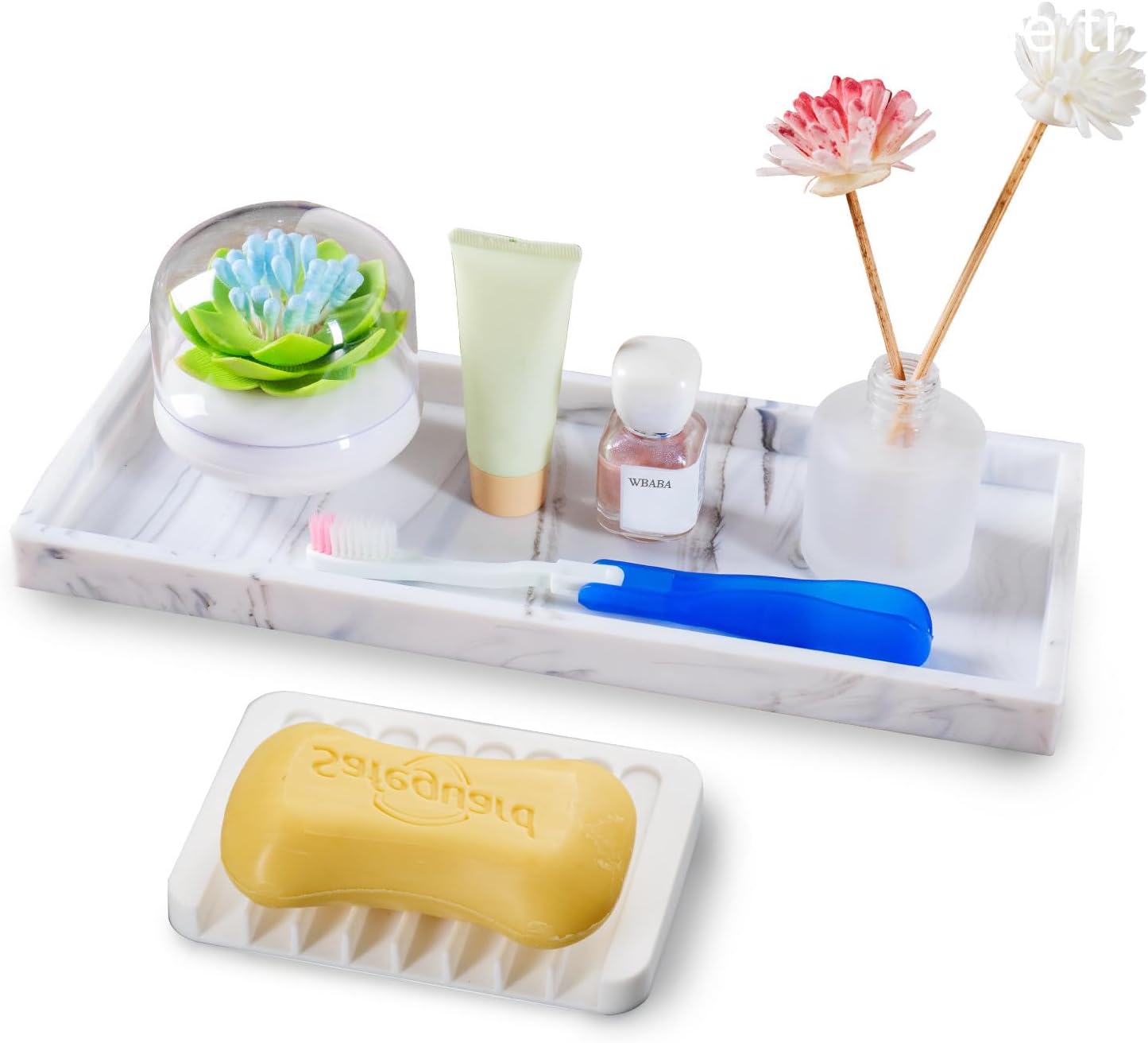 Bloss Counter Marble Tray and Soap Holder - 15.7" Silicone Bathroom Vanity Trays for Kitchen Counter, Toilet Tank Tray, Great Storage Trays for Perfume, Jewelry,Candle, Key