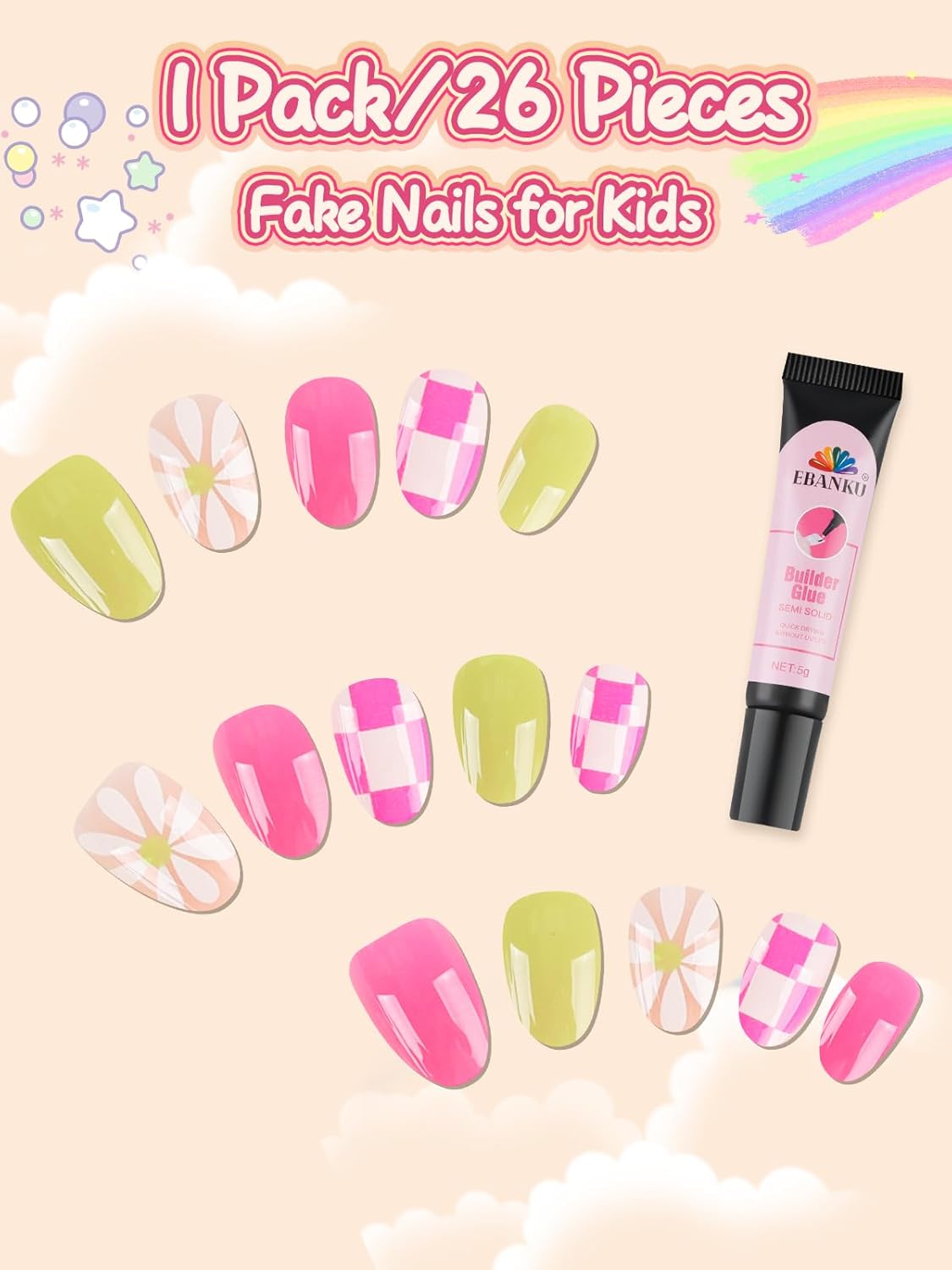 EBANKU 26 Pcs Kids Press on Nail Short, Floret Grid Fake Nails for Girls 5-12 Years False Nails Kit with Nail Glue, Full Cover Stick on Nails Tip for Child