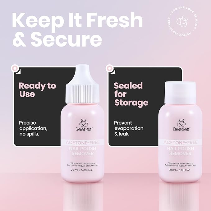 Beetles Non Acetone Nail Polish Remover - 0.67Fl Oz/20ML Controllable Nourishing Formula Acetone Free Nail Polish Remover - Non-Drying - Professional Quick and Gentle Removal for Natural Damaged Nail