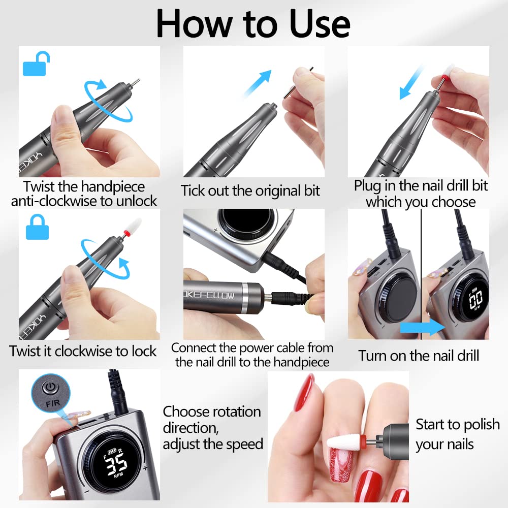 YOKE FELLOW Rechargeable Nail Drill - 35000 RPM Nail Machine with 12 Bits for Manicure Pedicure Salon Home Use