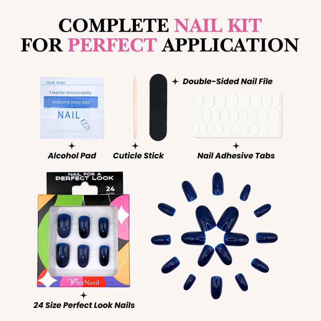 Perfect Look Press On Nails - Blue Ink | No Glue One-Day Long Oval Nails, Glossy Deep Blue Fake Nails for Bold Looks - 24 Pcs Nail Kit with Adhesive Tabs