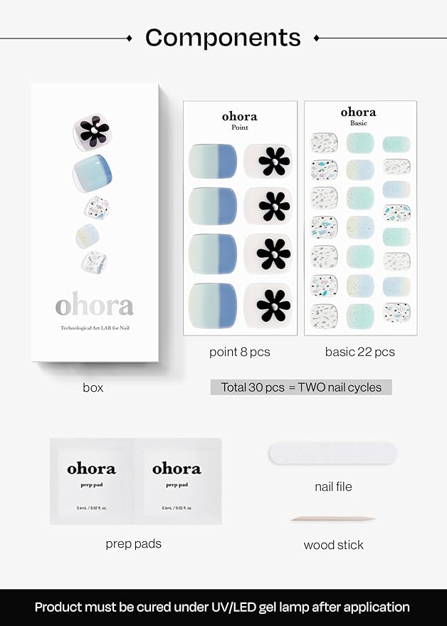 ohora Semi Cured Gel Pedi Strips (P Flowery Ocean) - Works with Any Lamps, Salon-Quality, Long Lasting, Easy to Apply & Remove - Includes 2 Prep Pads, Nail File & Wooden Stick