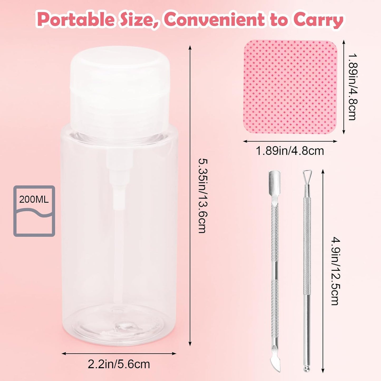 1080 + 3 Pcs Lint Free Nail Wipes Kit, Disposable Nail Polish Remover Pads Non-Woven Nails Eyelash Extensions Wipes, Nail Polish Remover Wipes with 200 ML Bottle, 2 Pcs Cuticle Pusher (Pink)
