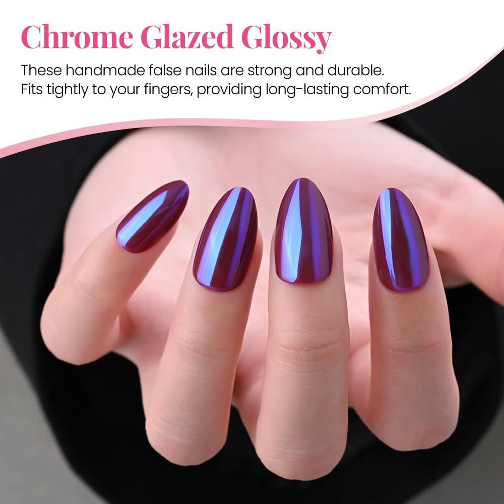 evpct Dark Purple Press on Nails Almond Short, Dark Purple Chrome Glazed Glossy Short Almond Soft Gel Press On Nails with Nail Glue for Women Gift, 15 Sizes 30Pcs Reusable Stick Acrylic Fake Nail Kit