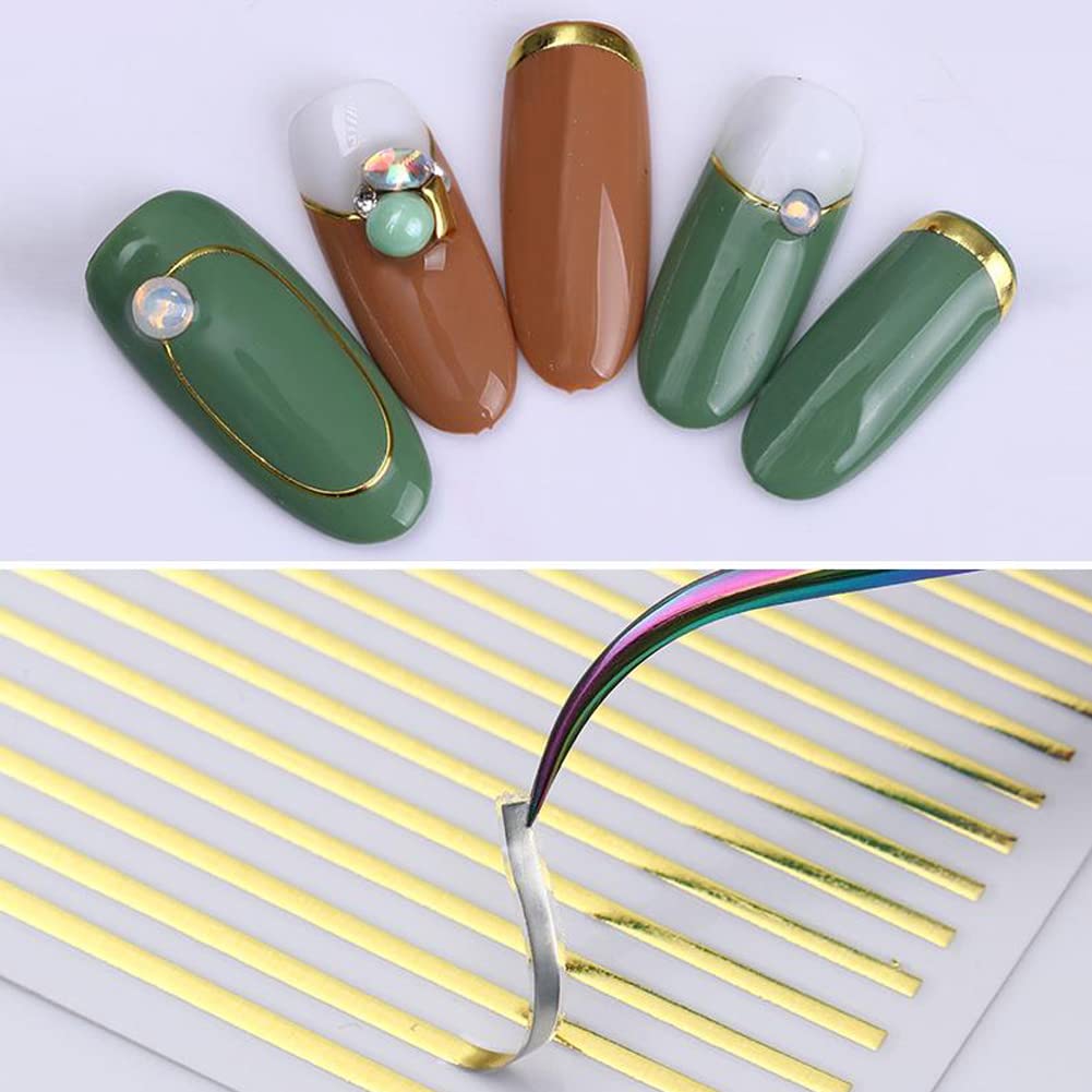 10 Sheets Gold Lines Nail Art Stickers Decal,Metal Geometric Stripe Wavy Line Self Adhesive Nail Decals French Classic Simple 3D Designs Nail Foil Stickers Sliders Manicure Decorations for Women Girls