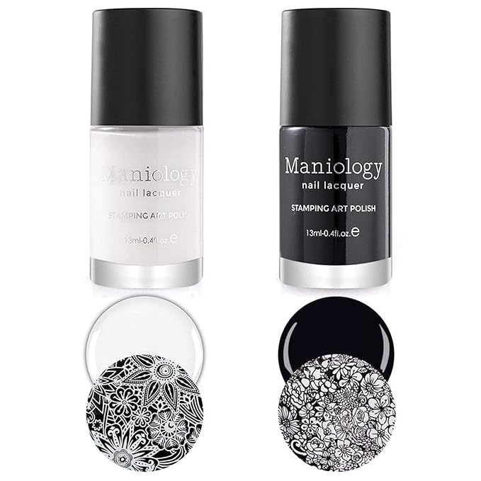 Maniology Black & White Duo Stamping Polish Set | Basic & Essential, Primary Colors – 13ml Lacquer Bottles for Crisp Nail Art Design & Full-Coverage DIY Manicures